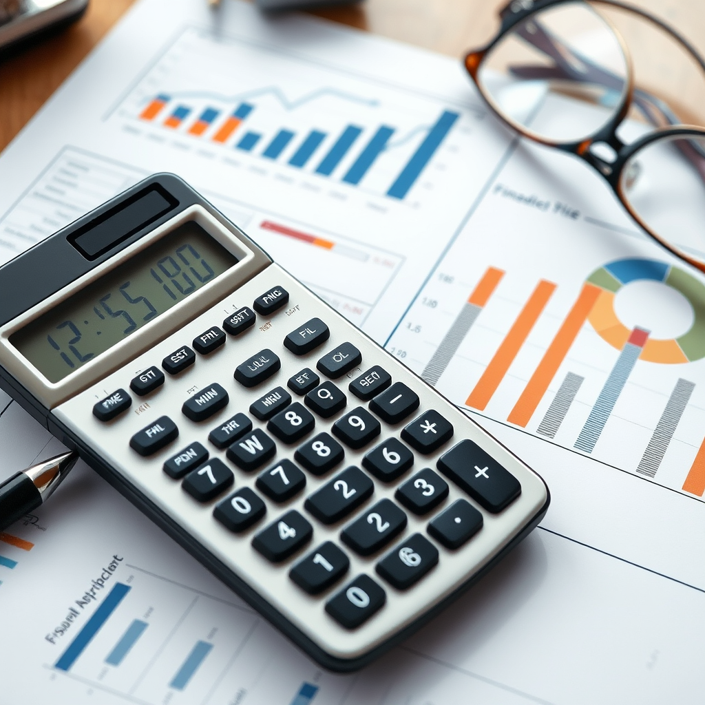 Calculadora y documentos financieros sobre escritorio con gráficos de análisis económico