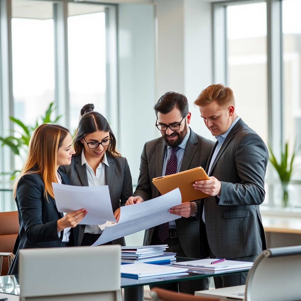 Equipo de especialistas financieros analizando documentos empresariales y evaluando propuestas de préstamos comerciales en oficina moderna